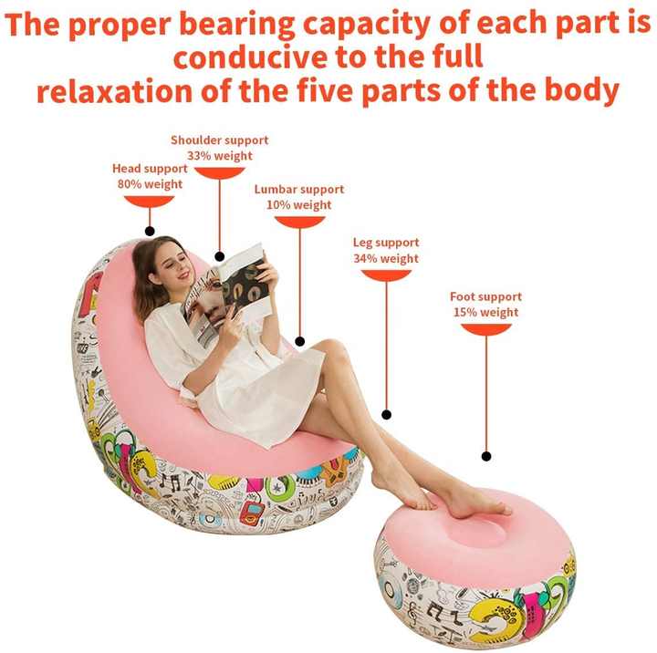 Inflatable sofa chair with ottoman, pink cushioned back and seat with graffiti-pattern base