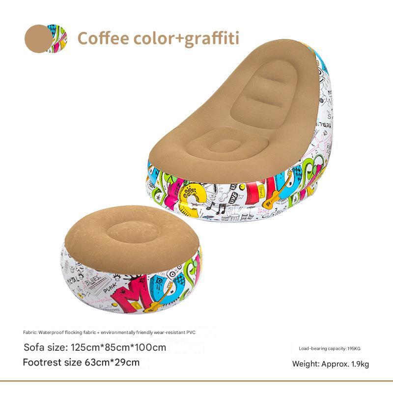 Inflatable sofa chair with ottoman, tan seat and graffiti-patterned outer cover