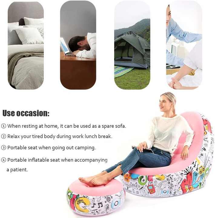 Inflatable lazy sofa chair with ottoman, graffiti print, person seated and relaxing