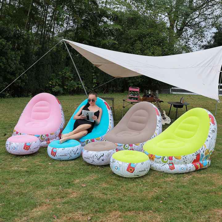 Set of inflatable lazy sofa chairs with ottomans, pink, blue, beige, and green