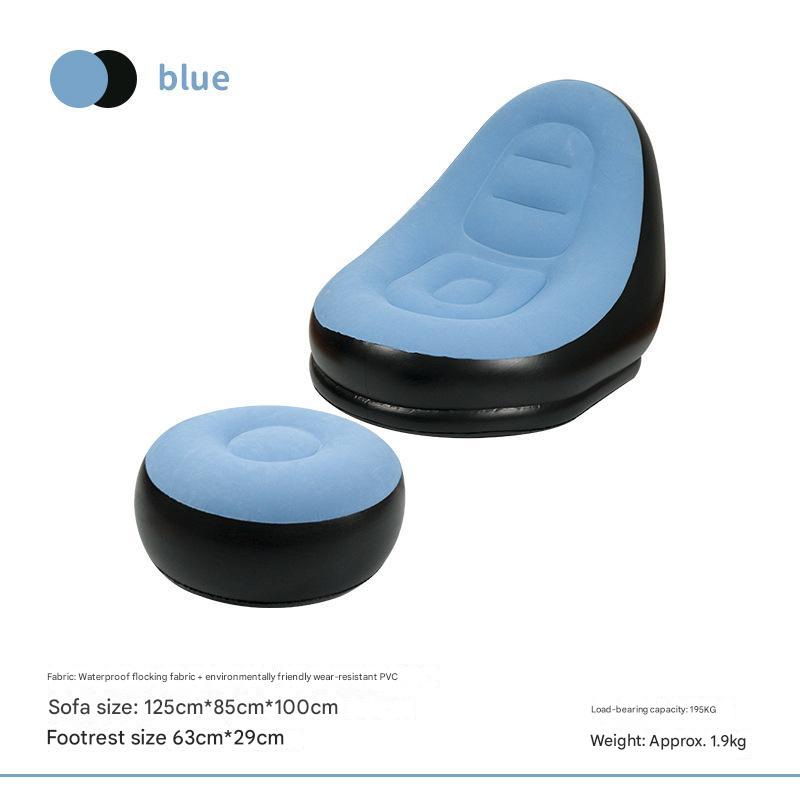 Inflatable patchwork lounge sofa chair with blue and black cushions and matching ottoman