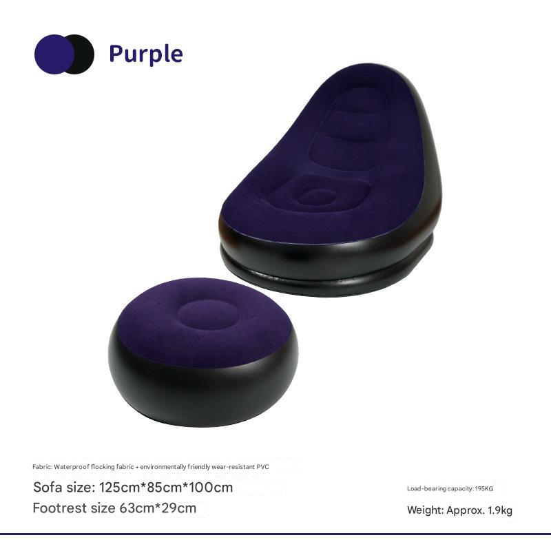 Inflatable lazy sofa chair with matching ottoman, purple and black flocked cushion