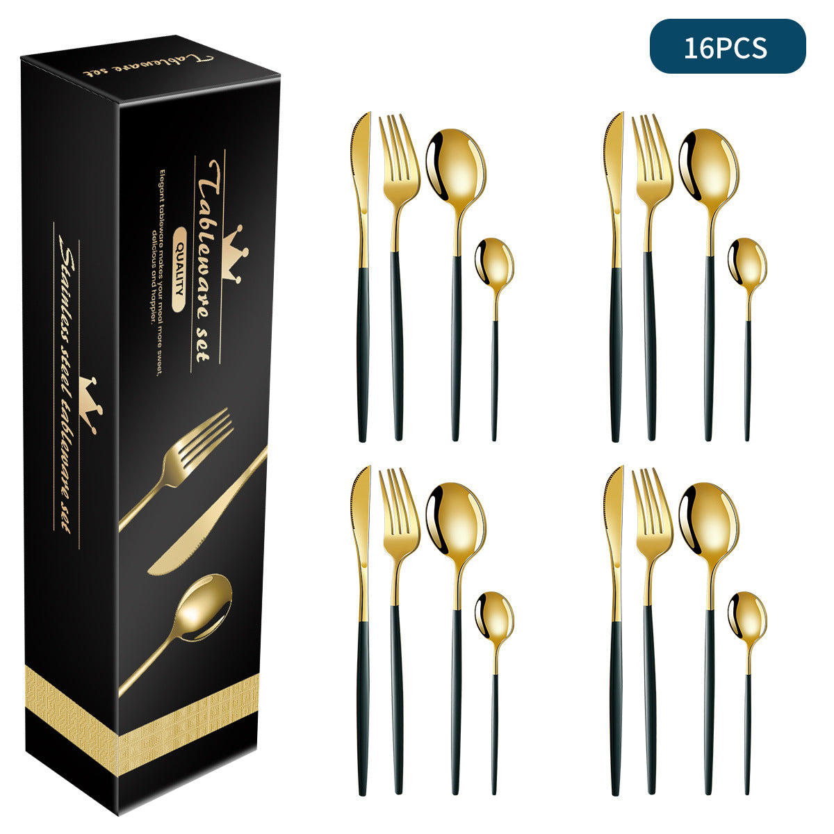16-piece flatware set, gold-tone with dark handles and matching spoon fork knife