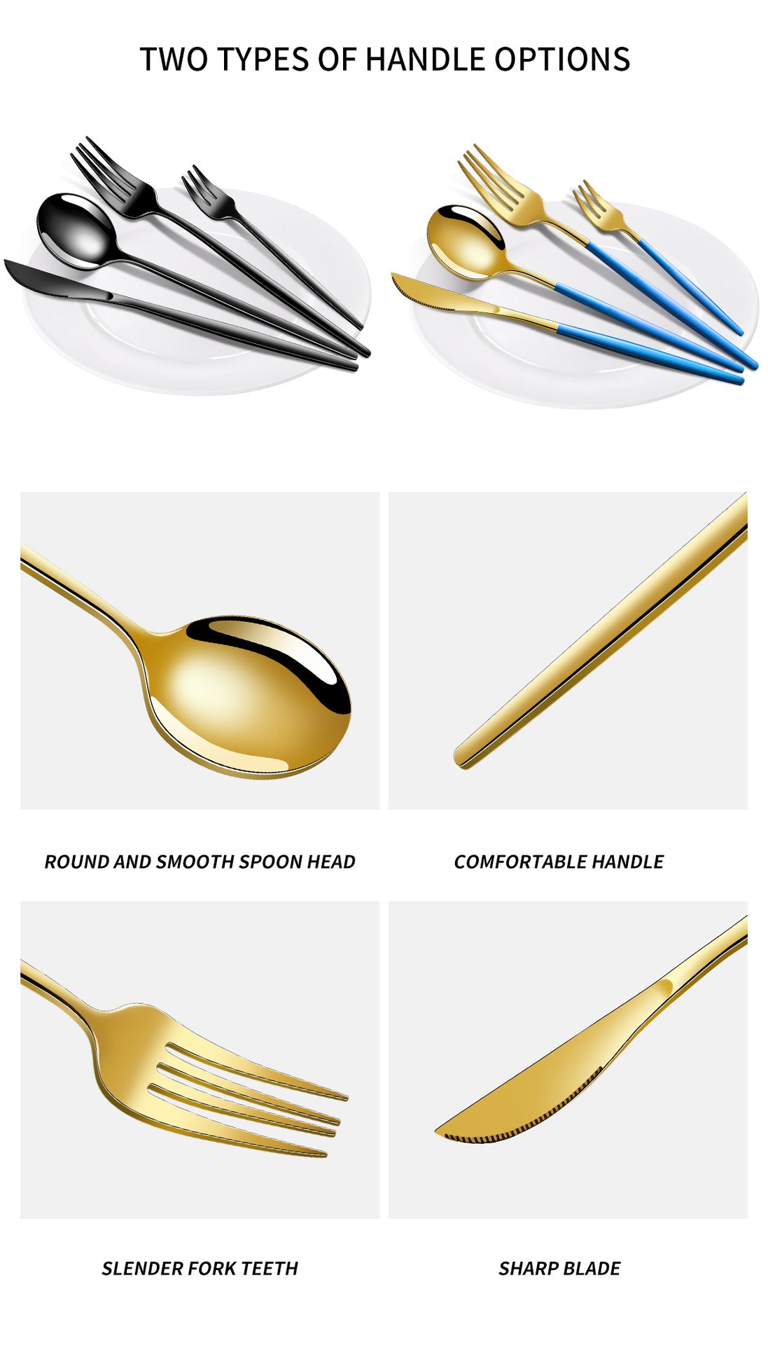 Flatware handle options detail: gold-tone spoons, forks, and knives with varied shapes