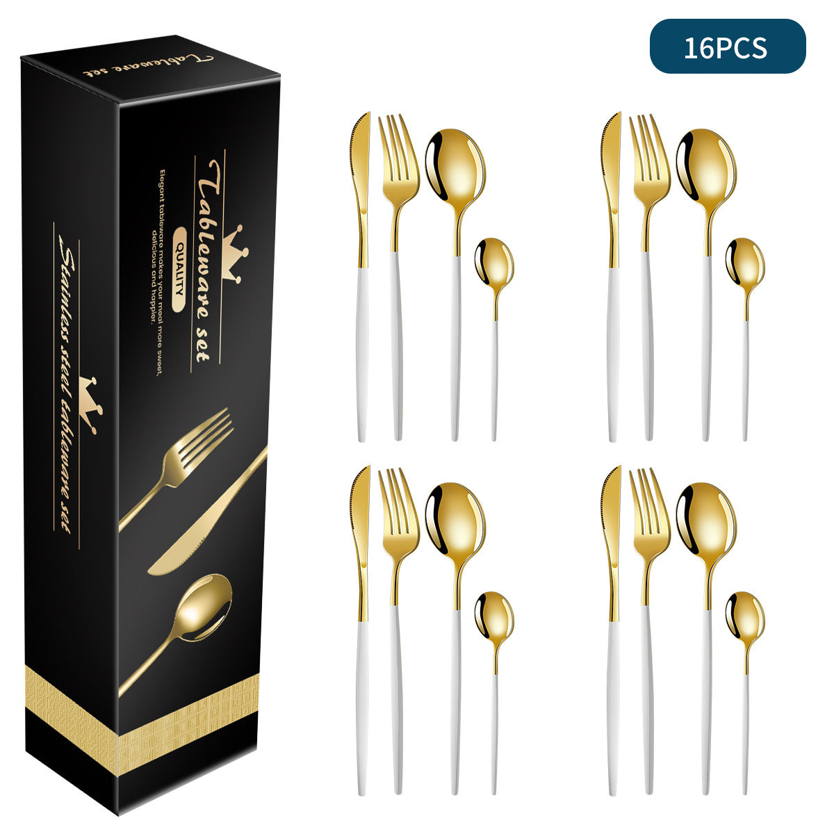 Stainless steel flatware set with white handles and gold accents, 16-piece for four