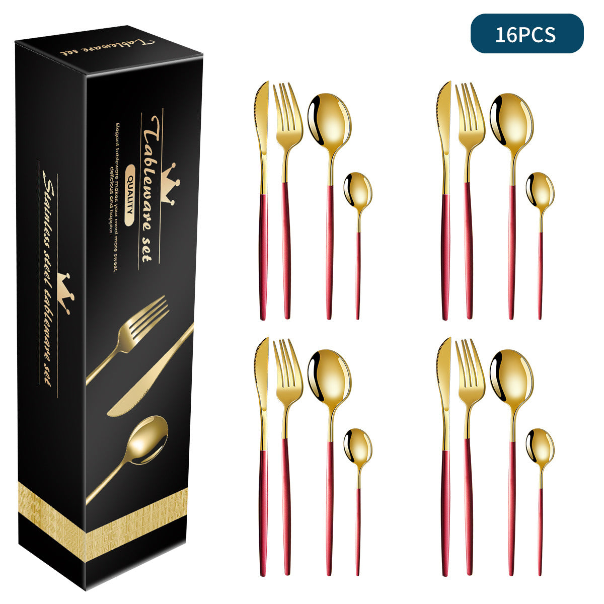 16-piece stainless steel flatware set with gold finish and red handle accents