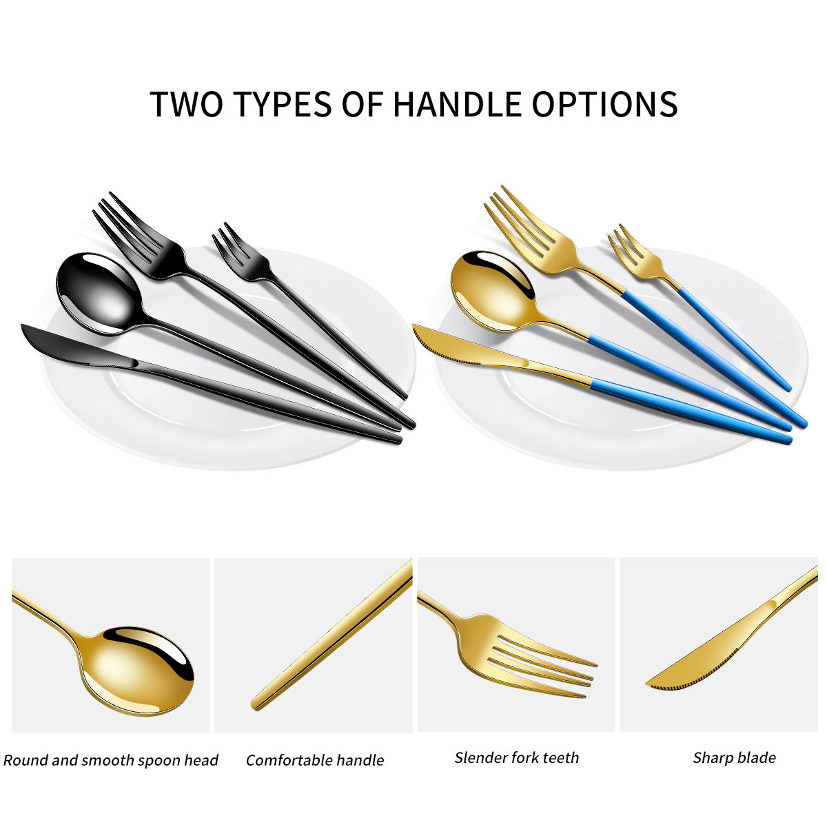 Stainless steel flatware handle options with black or gold finishes