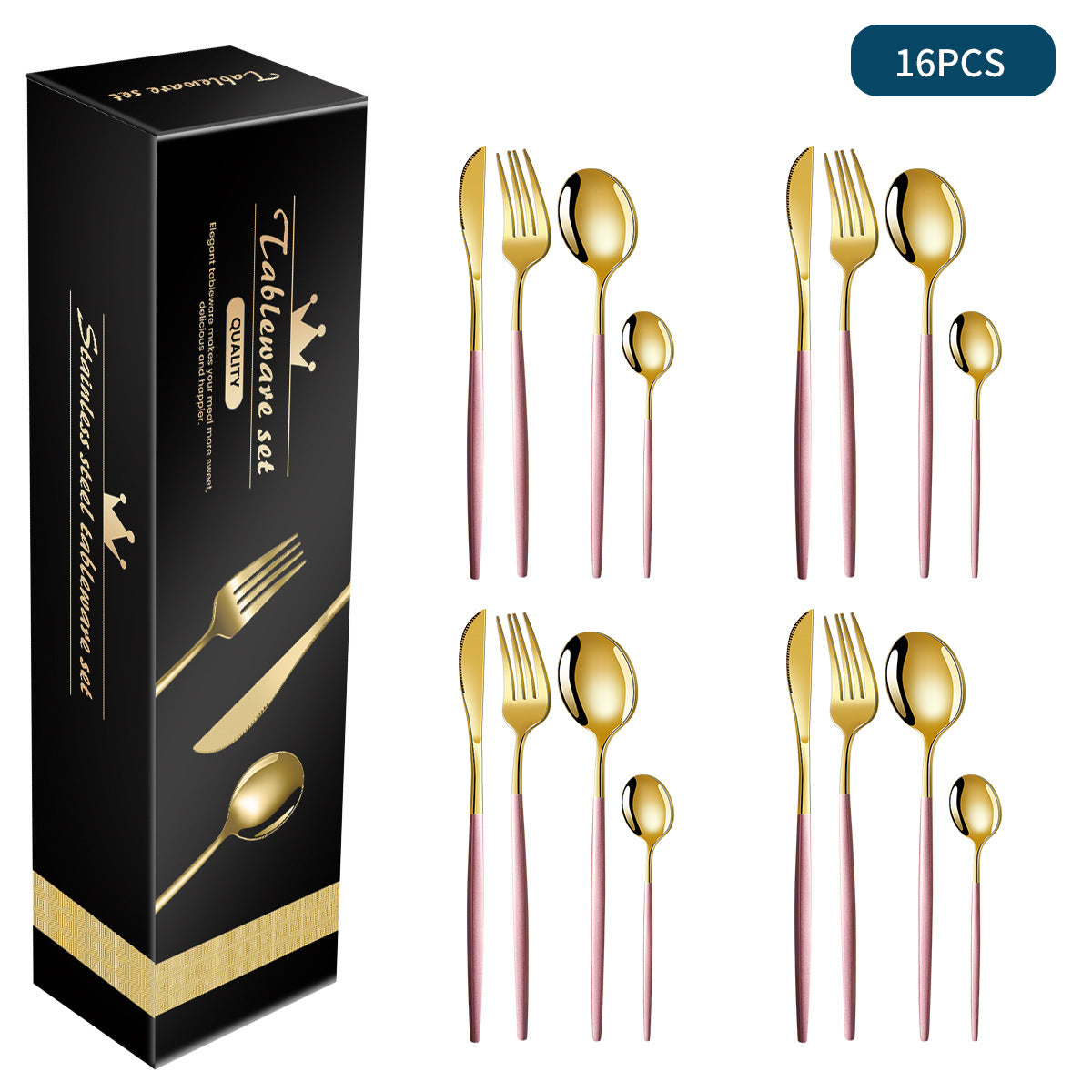 Gold-tone stainless flatware set with pink handles, 16-piece serving utensils in box