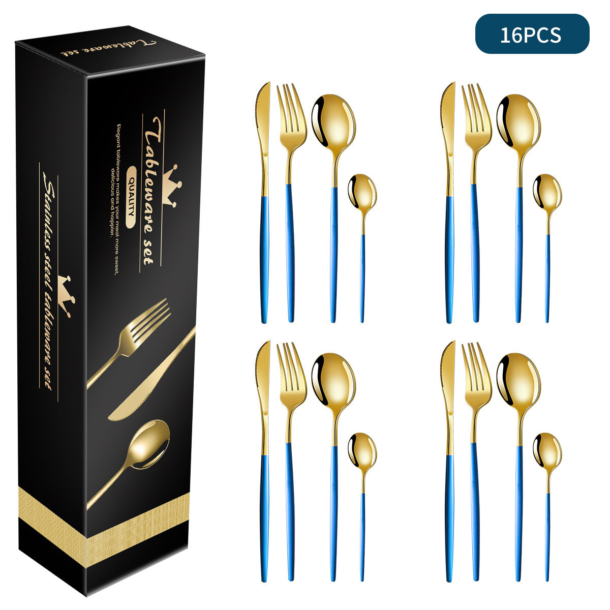 Stainless steel flatware set with blue handles and gold accents, 16-piece box