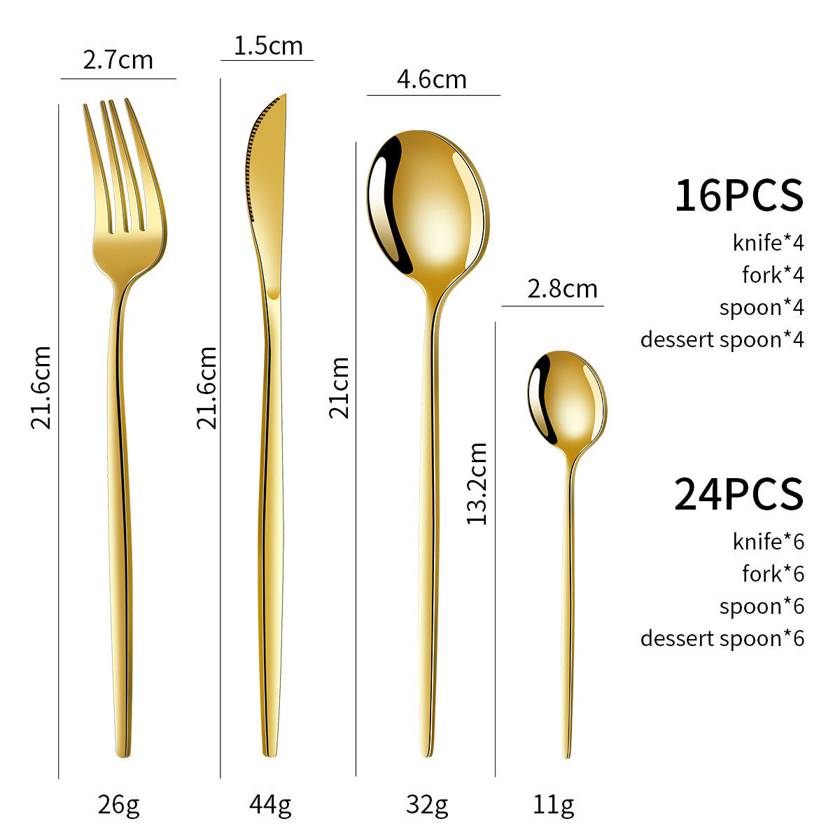 16-piece flatware set: gold utensils with blue handles and spoon bowls
