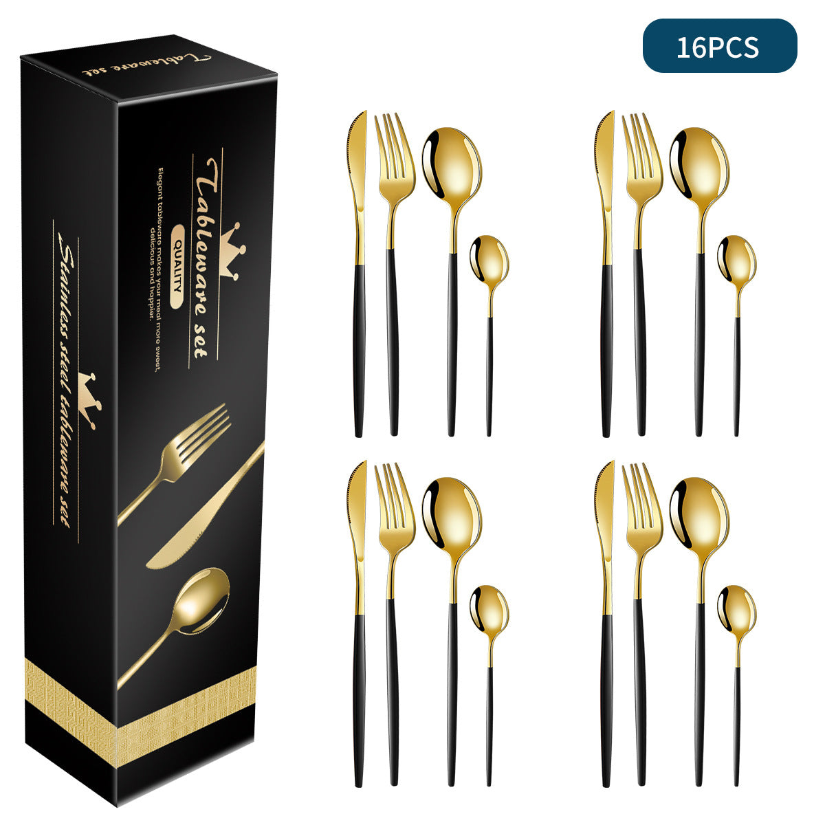 16-piece stainless steel flatware set with black handles and gold accents for four