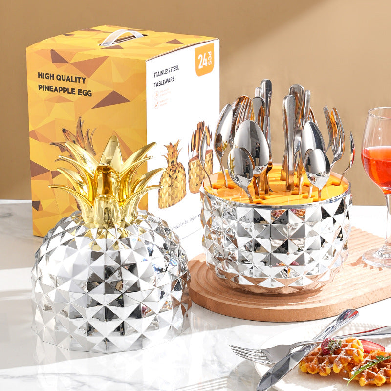 Pineapple-shaped stainless steel cutlery set with diamond-textured holder and silver forks