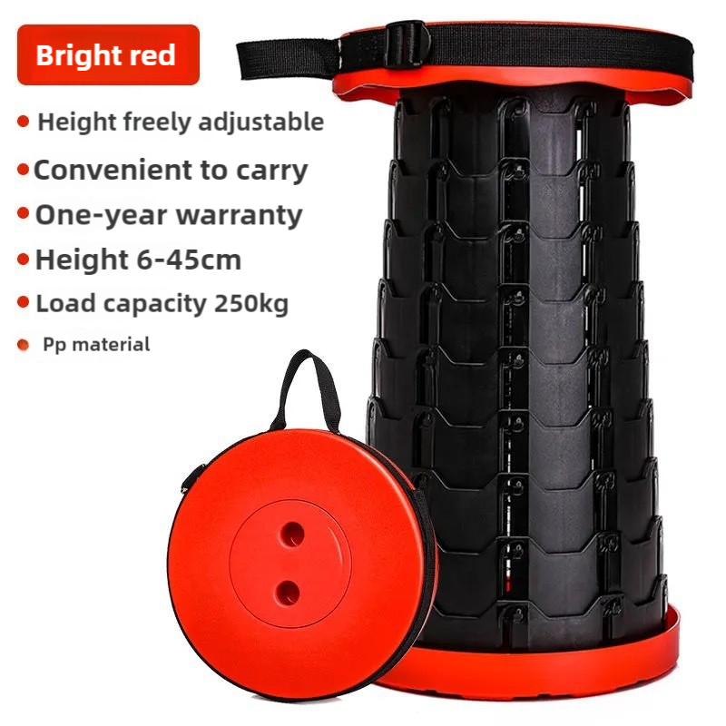 Portable telescopic folding stool with black stacked body and red carrying strap