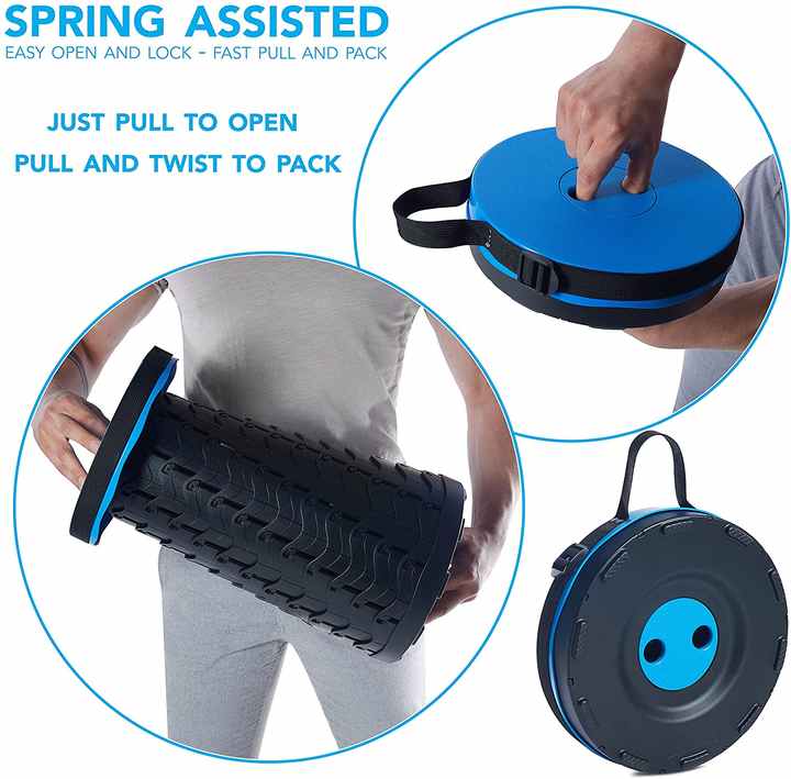 Portable folding stool with blue round top, black base, and carrying handle strap