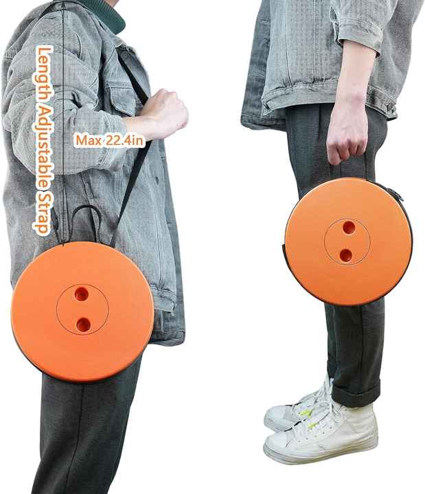 Portable folding stool with orange round seat disks, carried by a person