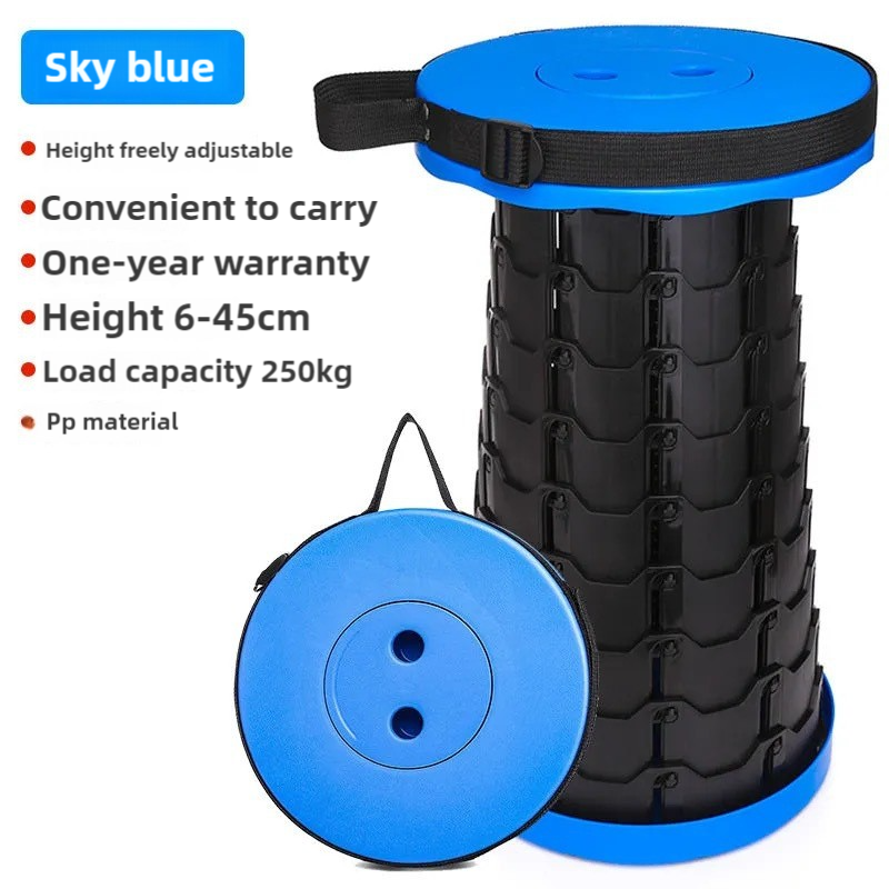 Portable folding stool with round blue seat and black telescoping base