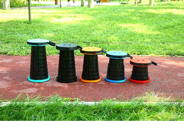 Set of compact telescopic folding stools in multiple colors with round padded seats