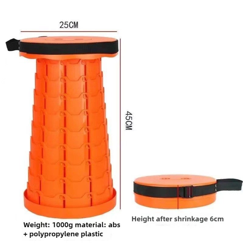 Orange folding stool with black top rim and carry strap