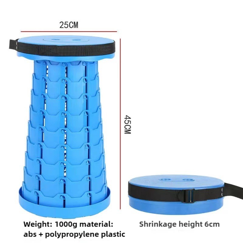 Blue portable telescopic folding stool with round seat and stacked leg panels