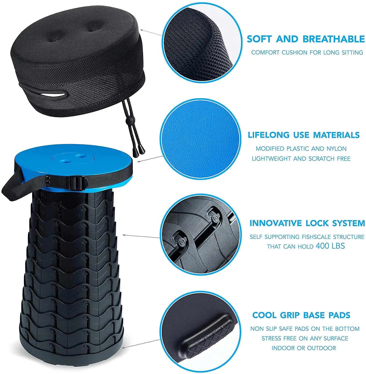 Black portable telescopic folding stool with round padded seat and strap handle