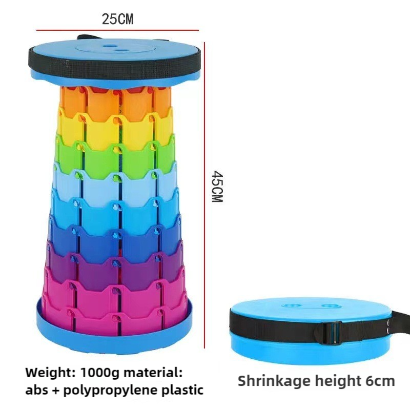 Rainbow folding stool with blue round top and multicolor tiered legs