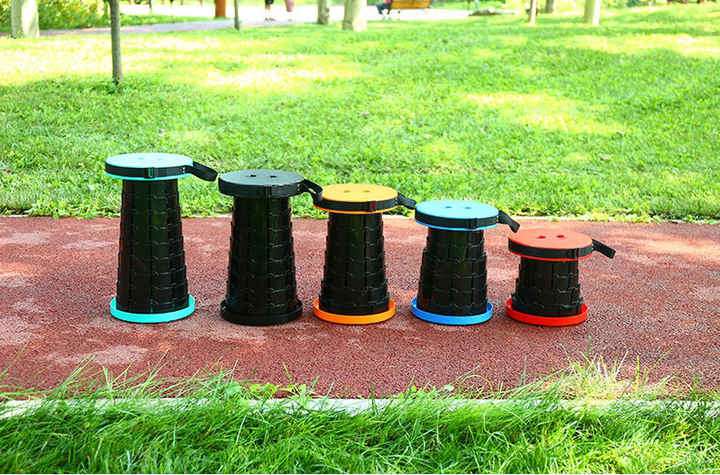 Rainbow Color Stitching Blue Portable Outdoor Telescopic Folding Stool with 100 Weight-Bearing Buckles, Lightweight and Compact Design, Perfect for Fishing, Camping, and Travel