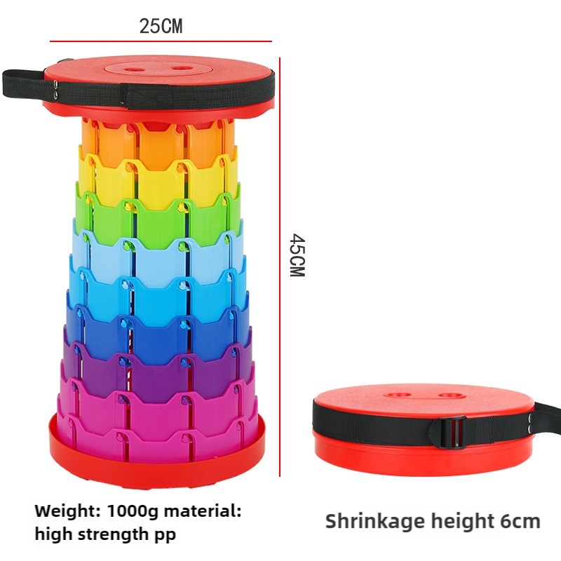 Colorful telescopic folding stool with round seat, rainbow interlocking legs, red base