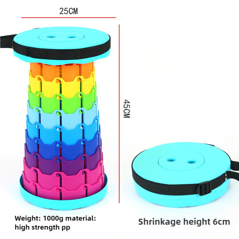 Portable folding stool with rainbow stacked color panels and black ring base, top view