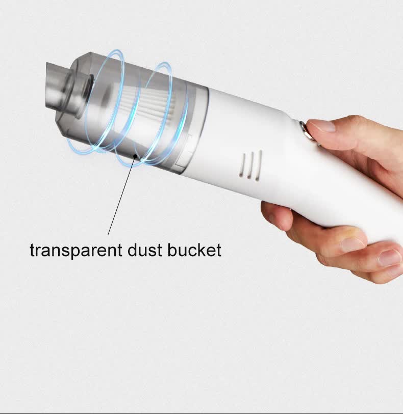 White handheld vacuum cleaner with transparent dust bucket and suction tube