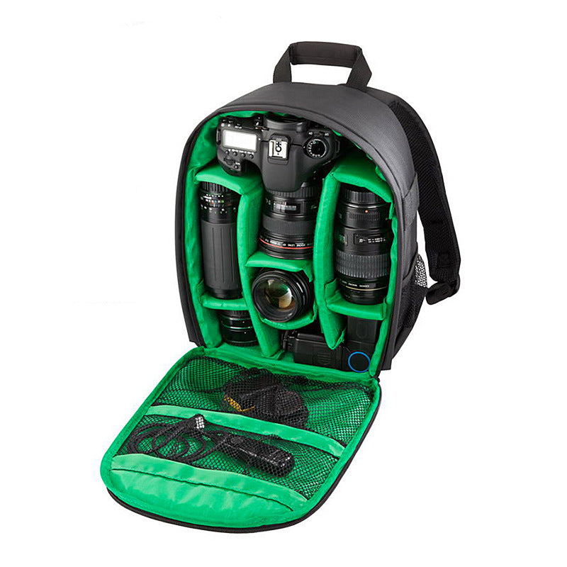 Open water-resistant DSLR camera backpack with bright green interior organizer pockets