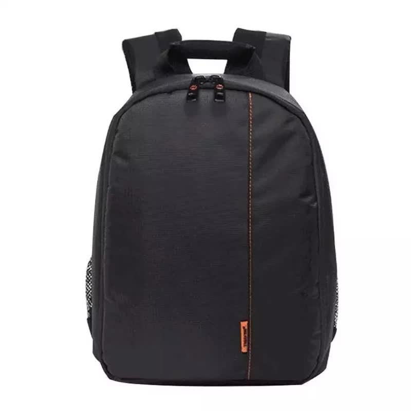 Black water-resistant DSLR camera backpack with thick top carrying straps