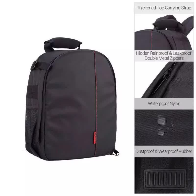 Black camera backpack with top handle, front zip pocket, and side strap detailing
