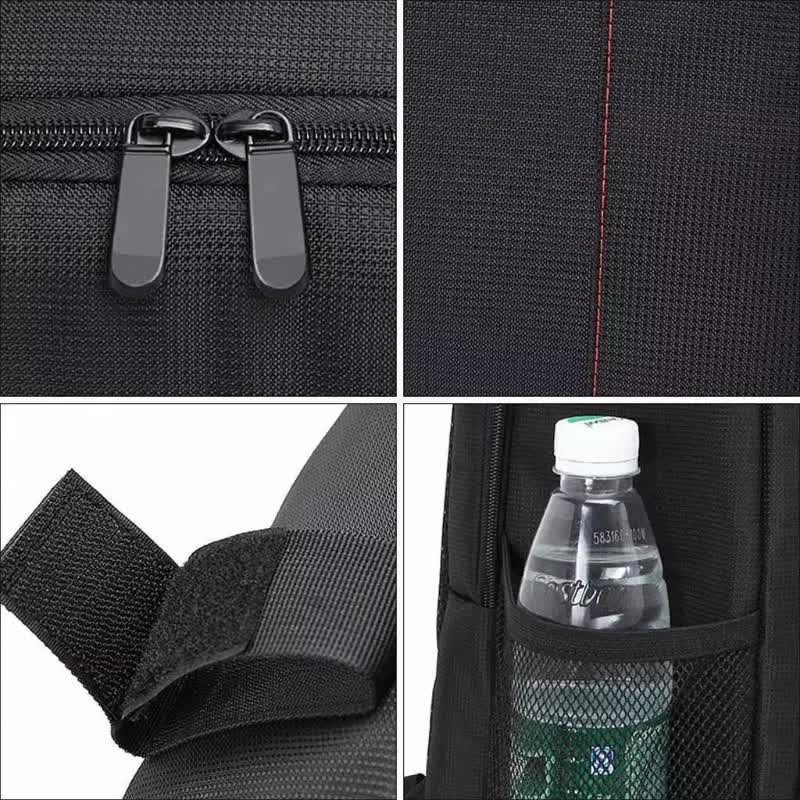 Black backpack close-up: dual zippers and elastic side pocket for bottle
