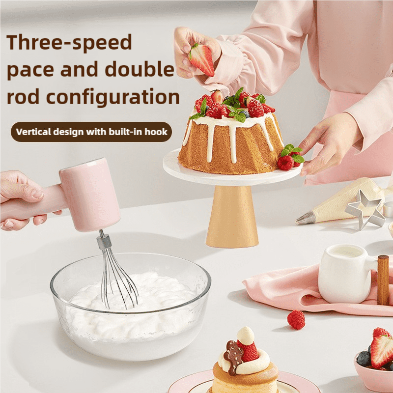 Pink Portable Electric Egg Beater with 3-Speed Adjustment, Dual Whisks, and Type-C Charging