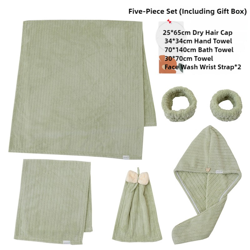 Green fleece towel gift set with folded bath/hand towels and face cloth wrist strap