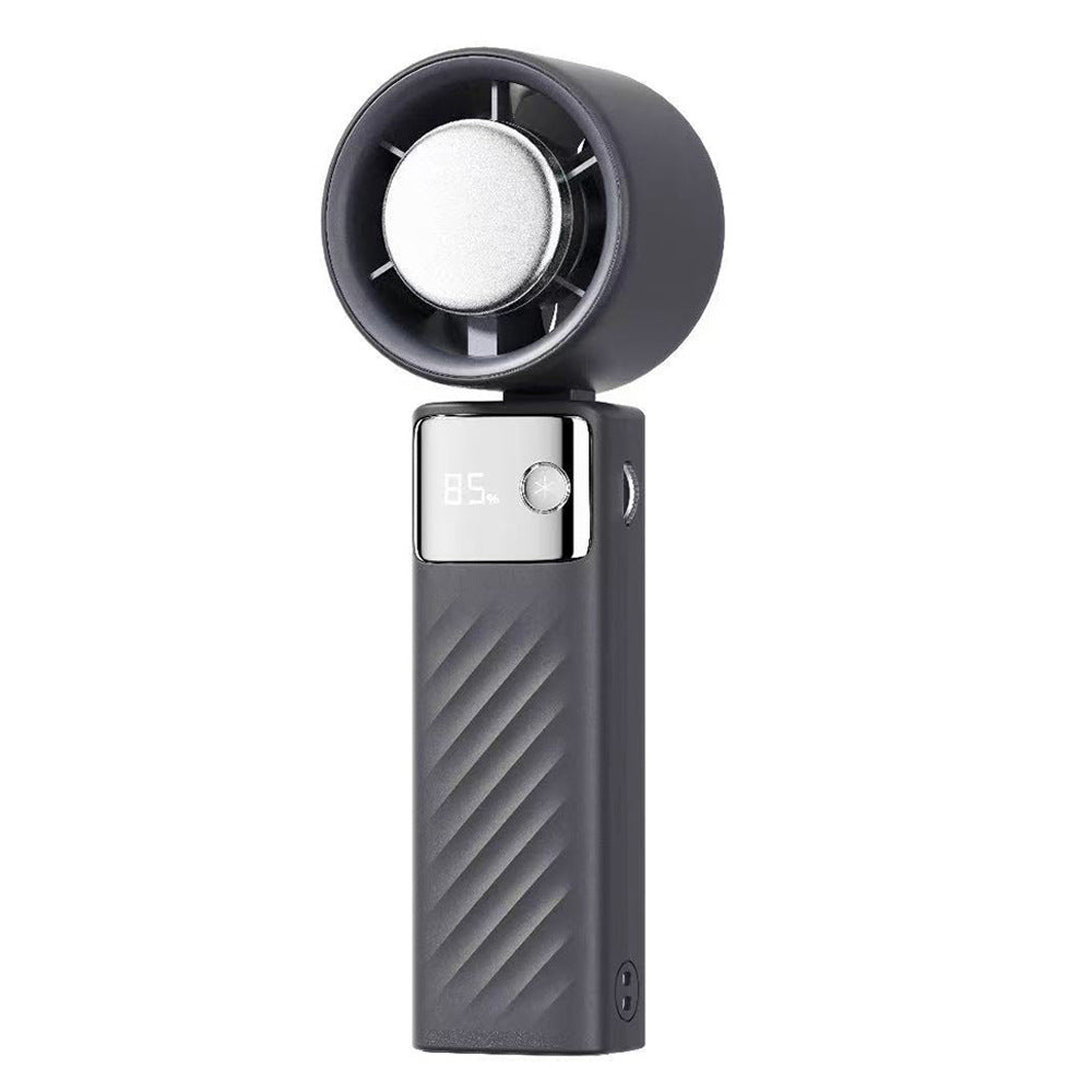Grey handheld fan with round grille and digital speed display panel