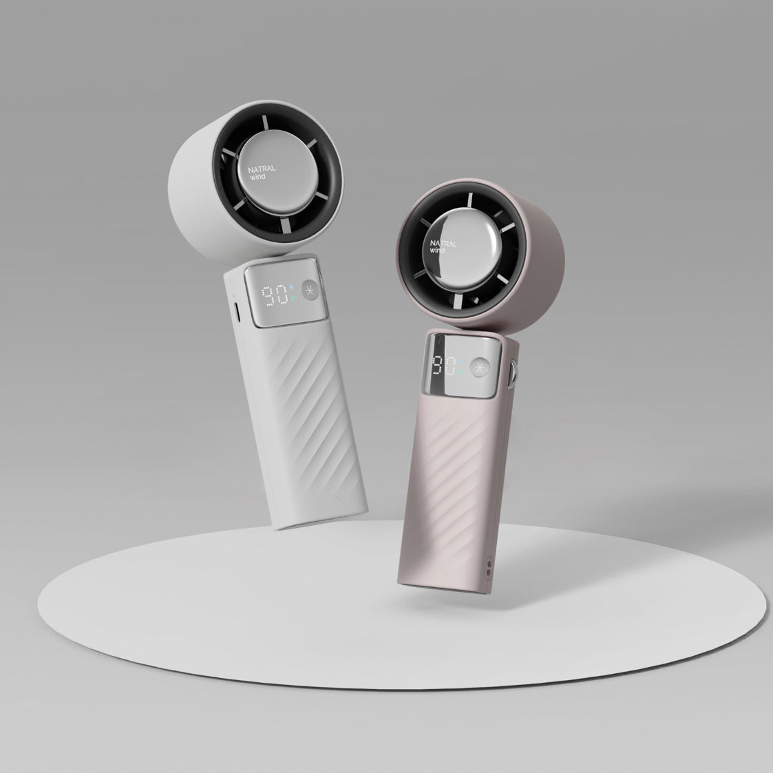 Two handheld portable fans with circular grilles and digital speed displays