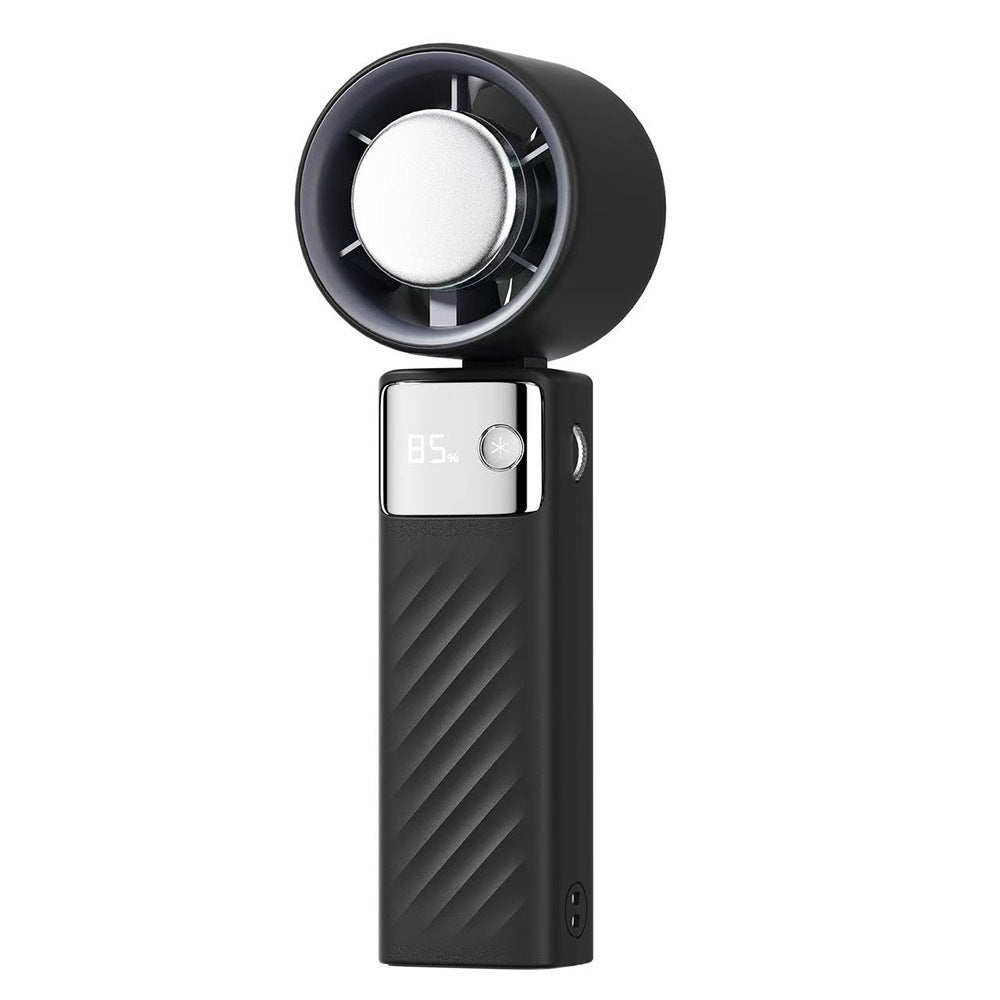 Black handheld USB rechargeable fan with circular grille and digital speed display