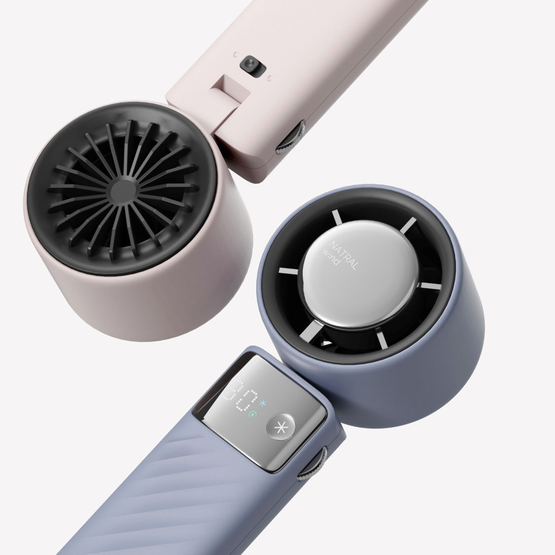 Dual handheld USB rechargeable fans with circular grille and digital speed display