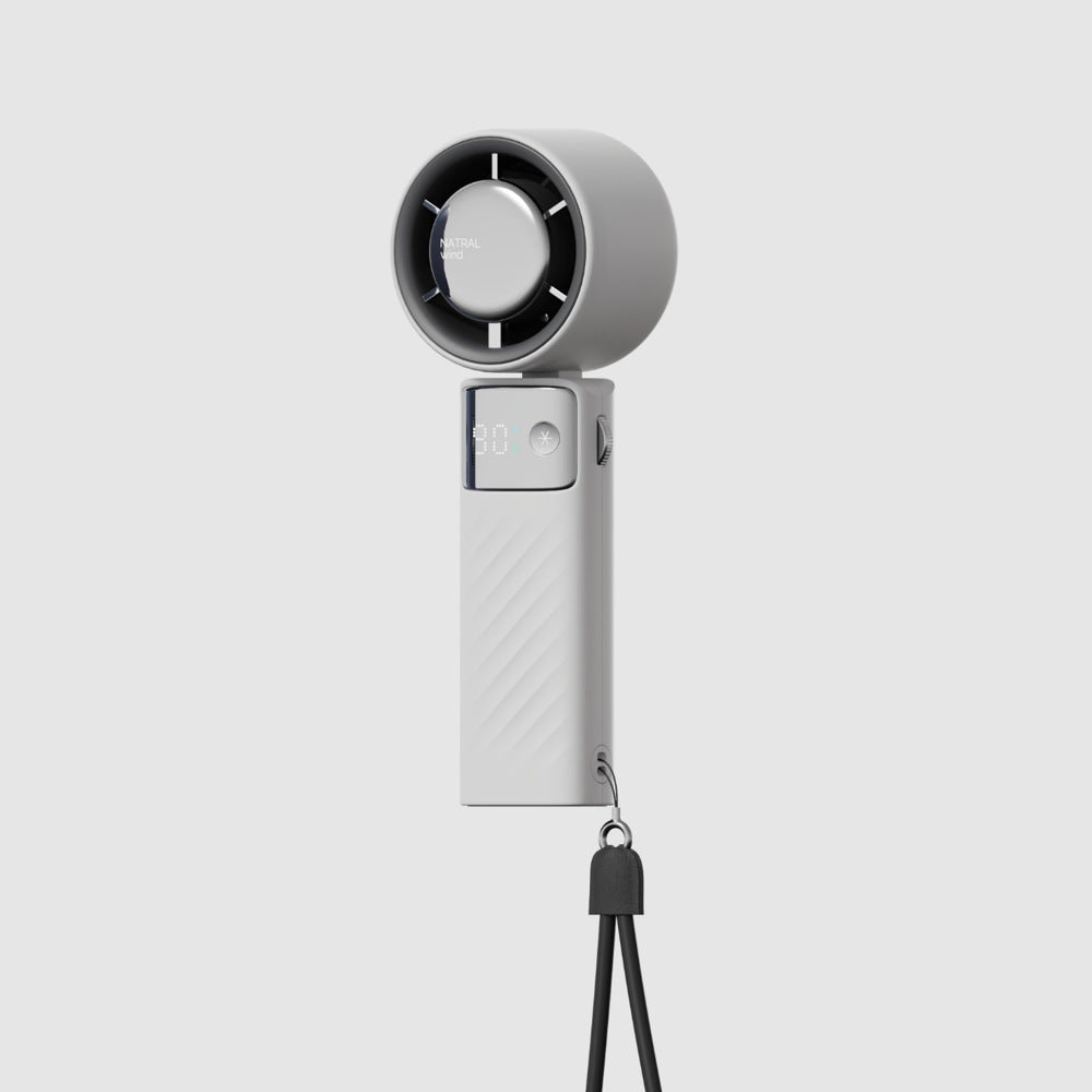 White handheld USB rechargeable fan with circular grille, digital speed display, lanyard