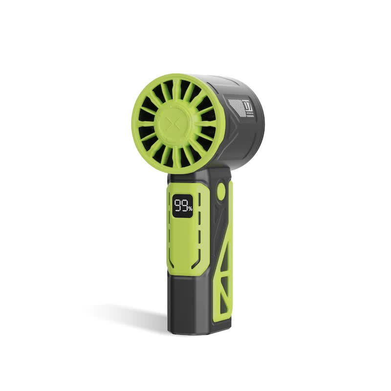 Handheld mini fan with lime green grille, black handle, and digital speed display.