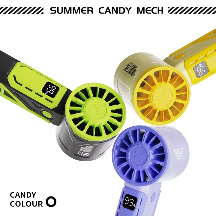 Portable mecha handheld fans in lime green, yellow, and purple with circular grilles and displays.
