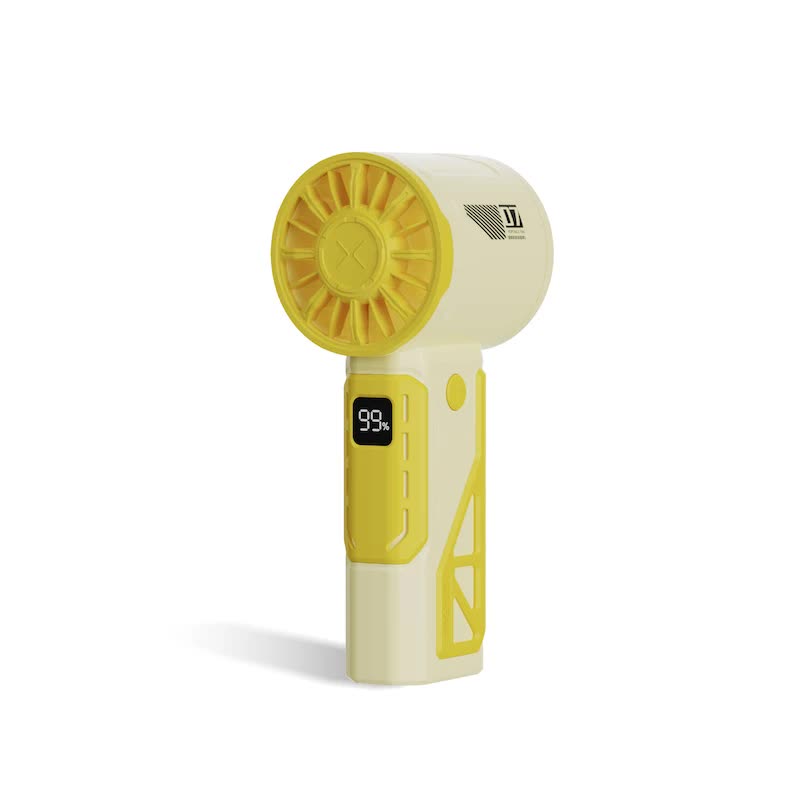Yellow handheld mini fan with circular grille and digital screen on handle