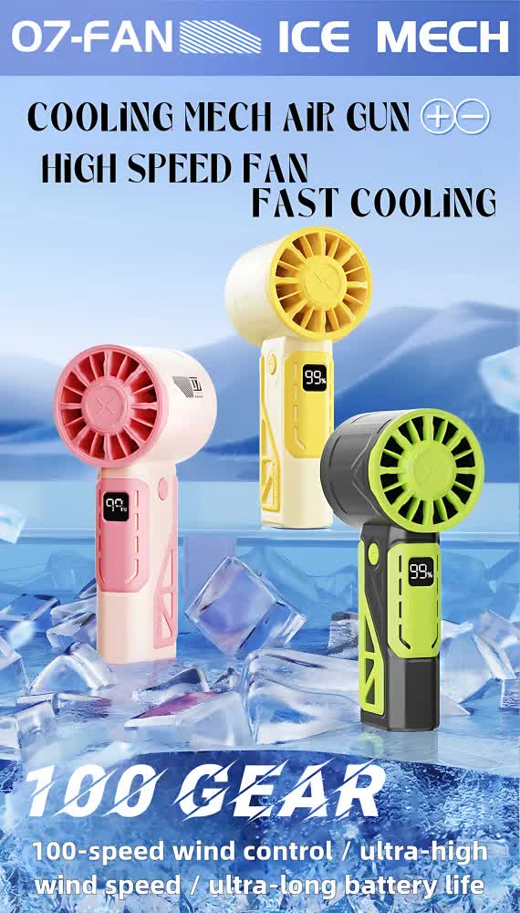 Yellow handheld mini fan with round grille and digital display, shown with other color fans