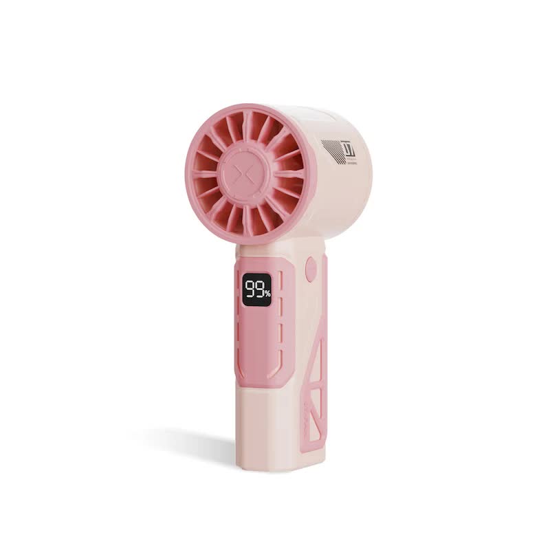 Pink handheld mini fan with circular grille and digital display on handle