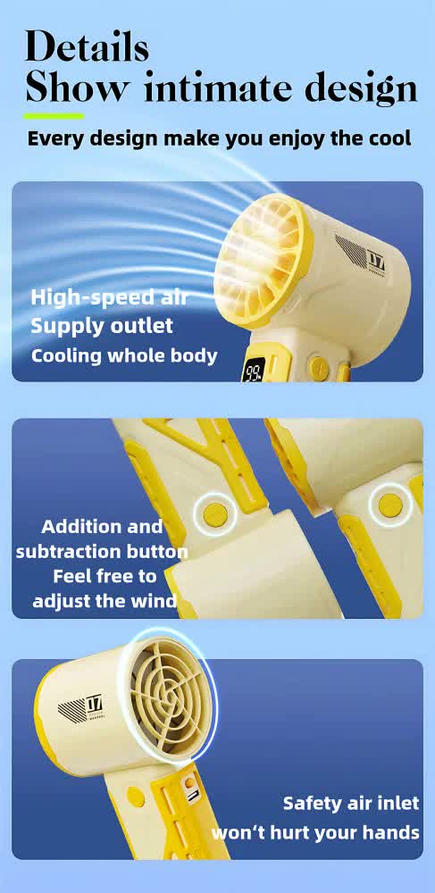 Yellow handheld fan with circular grille, side vent, and control buttons