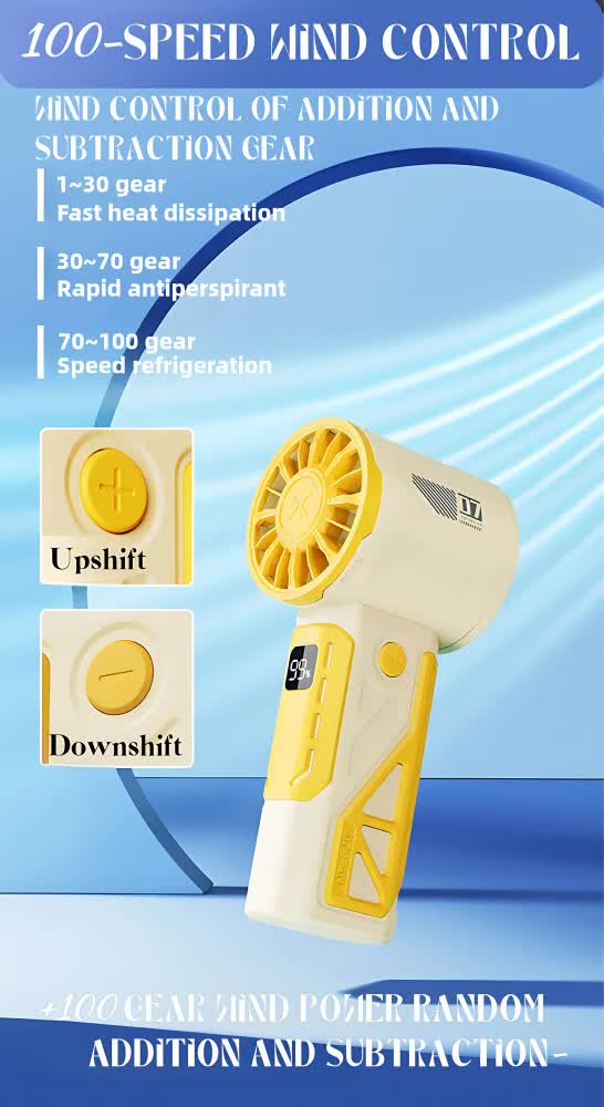 Yellow handheld mini fan with control dial and front digital display panel