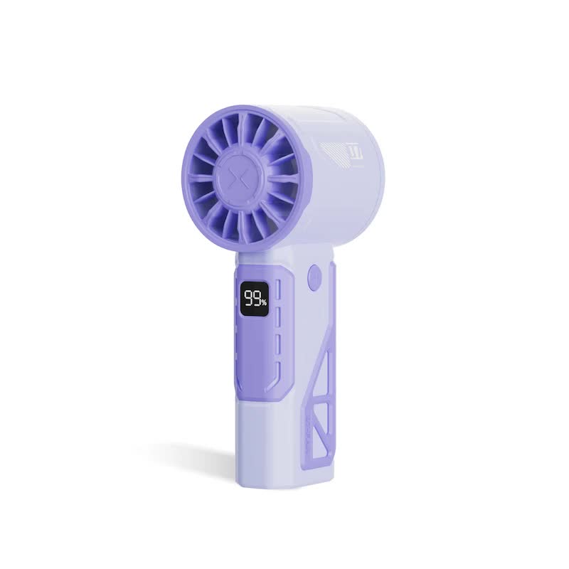 Purple and white handheld mini fan with front grille and digital display