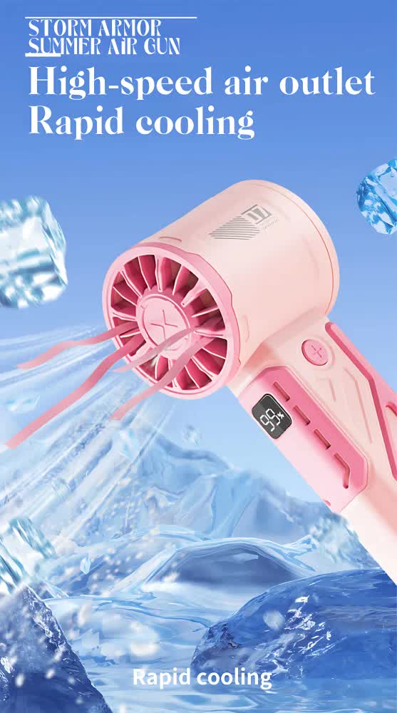 Pink handheld mini fan with front grille and digital display panel