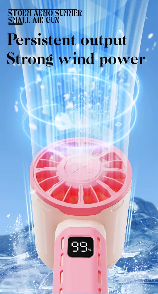 Pink handheld mini fan with front circular grille and digital display